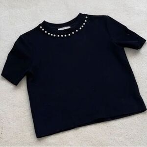 Zara Top Zara Black Ribbed Cropped Top With Pearls black cropped top